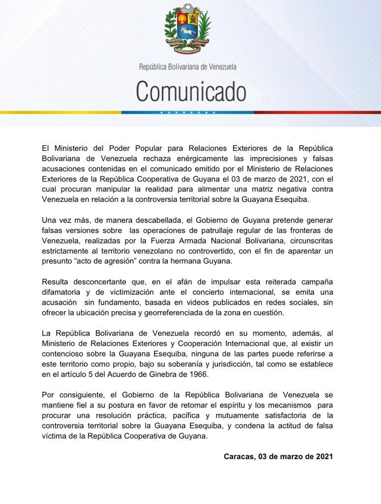 #COMUNICADO | #Venezuela rechaza enérgicamente las falsas acusaciones del Comunicado emitido por #Guyana, con el fin de victimizarse ante la comunidad internacional y presentar a nuestro país como agresor.