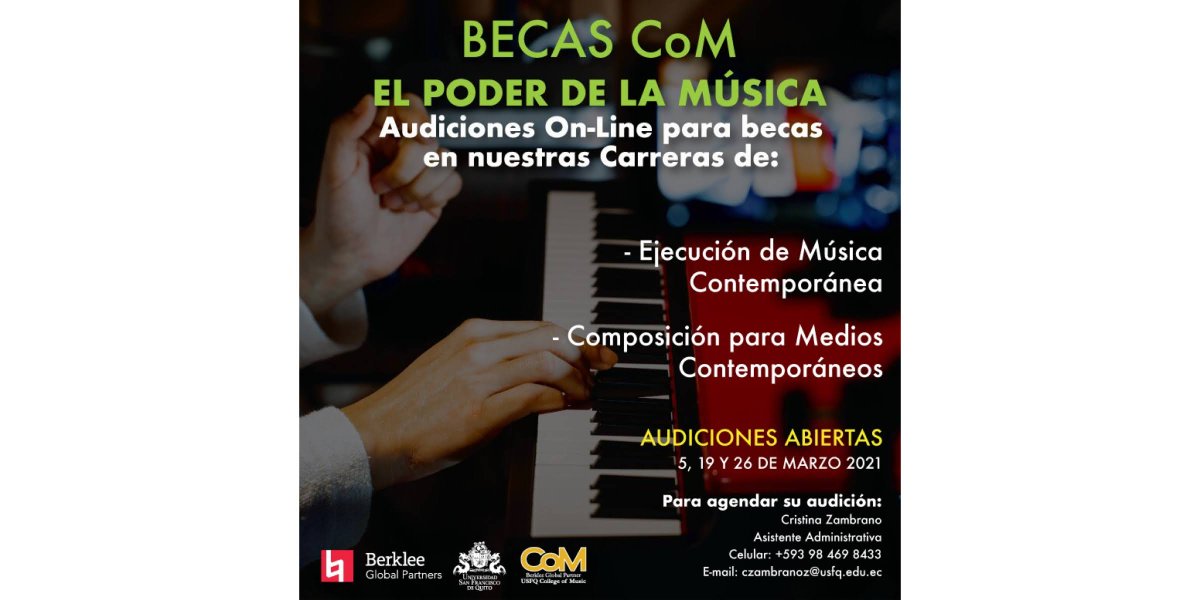 USFQ_COM's tweet photo. Se parte de la familia CoM! Audiciona durante todo marzo para las becas en ejecución y composición 🎵🎸

Comunícate con el contacto del afiche para más información! 

#elcomteacompañaenlinea #USFQmusica https://t.co/O5SZrXDHjb