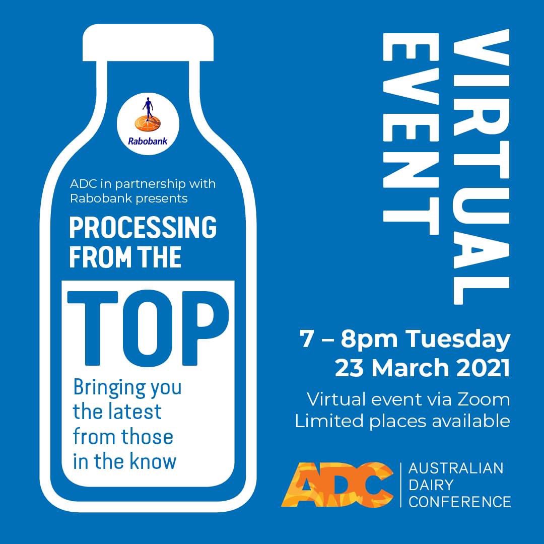 AusDairyConf's tweet photo. ADC event... Australia’s top processing chiefs live in your living room... Processing from the top... with Irvin, Dedoncker, Hampson &amp; Crothers. @AusDairyConf in partnership @RabobankAU. Register now https://t.co/X02HbBSsLk #adc2021 #ausdairyconf #processingfromthetop https://t.co/fUcycXjcUo