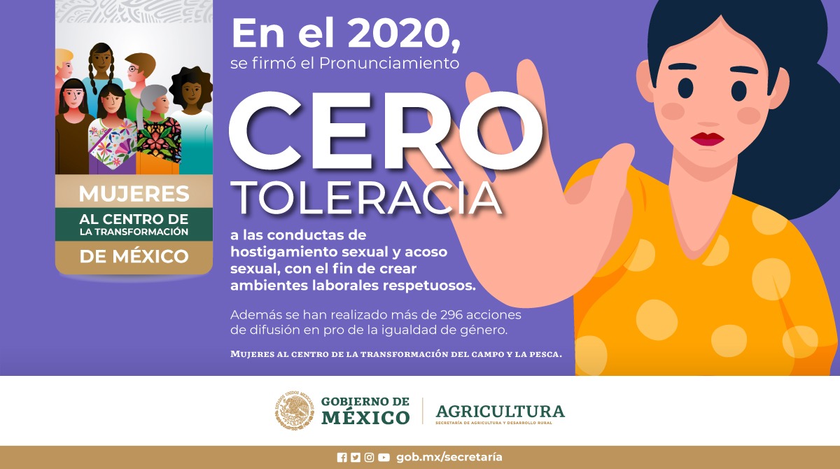 Agricultura_mex's tweet photo. Refrendamos nuestro compromiso a través del Pronunciamiento #CeroTolerancia al disponer de espacios laborales y de atención, libres de cualquier conducta violenta, discriminatoria, acoso u hostigamiento y así poner a las #MujeresAlCentro de la Transformación del campo y la pesca. https://t.co/COofbgB2HC