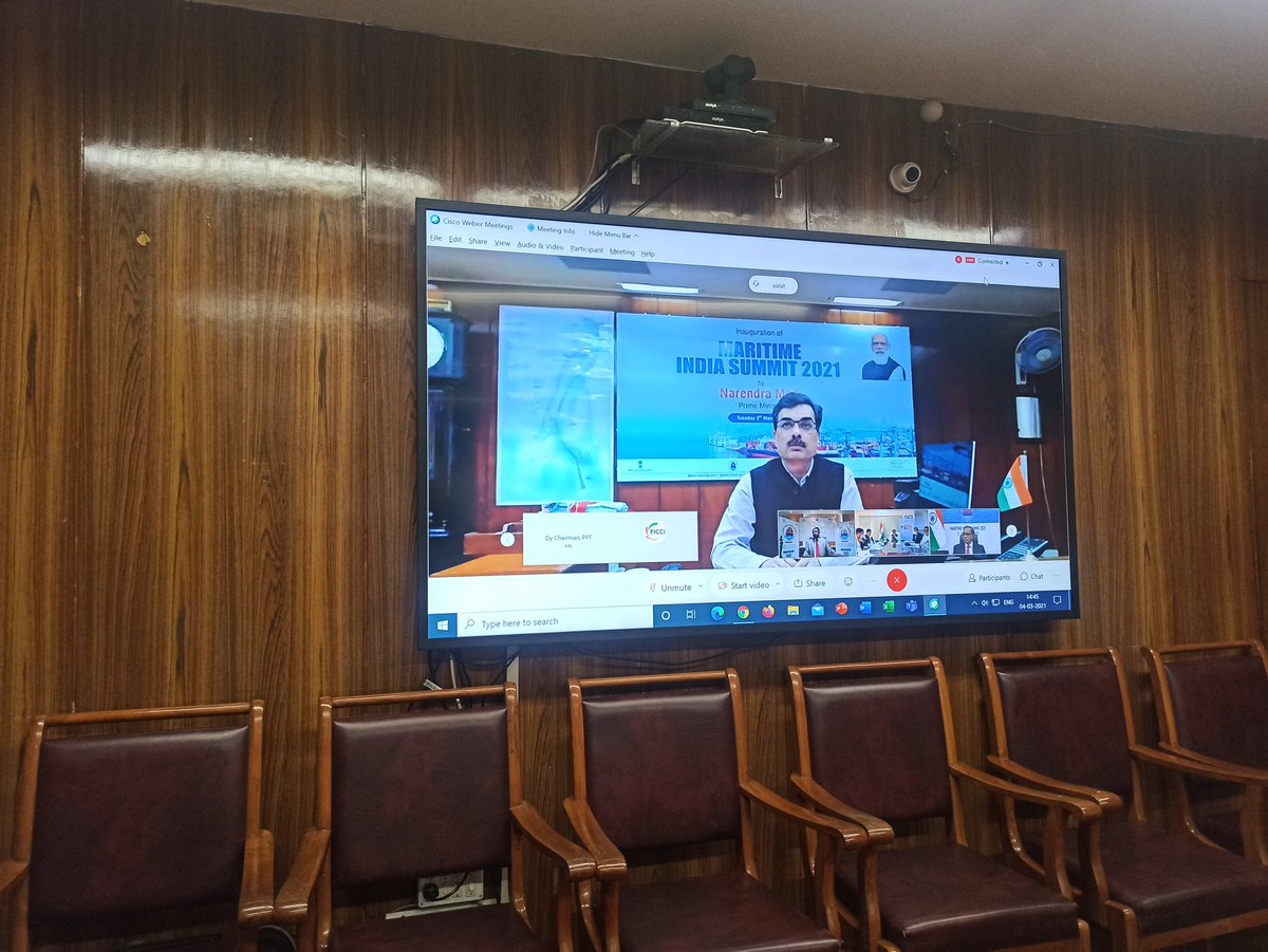 paradipport's tweet photo. Glimpse of of the valedictory session of the #MaritimeIndiaSummit 2021. Shri Mansukh Mandaviya, Hon'ble Minister chairing the session. Shri Vinit Kumar, Chairman, PPT highlighting about key takeaways emerged in the parleys. https://t.co/sJlzUBRxtm