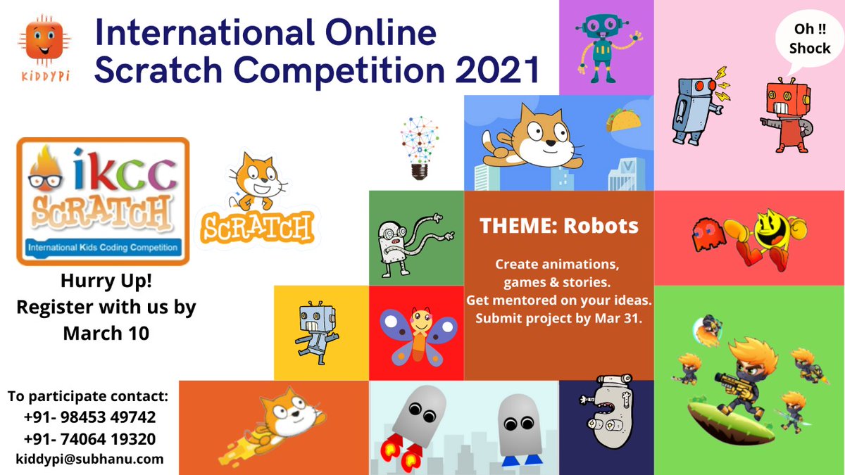 kiddypi1's tweet image. International Coding Competition for Kids in 2021

Online Competition | Scratch Programming

Get mentored!

The last date of registration with us,
10th March, 2021

+91-74064-19320
+91-98453-49742

#scratchprogramming #internationalcoding #codingcontests #KidsWhoCode #coderobots