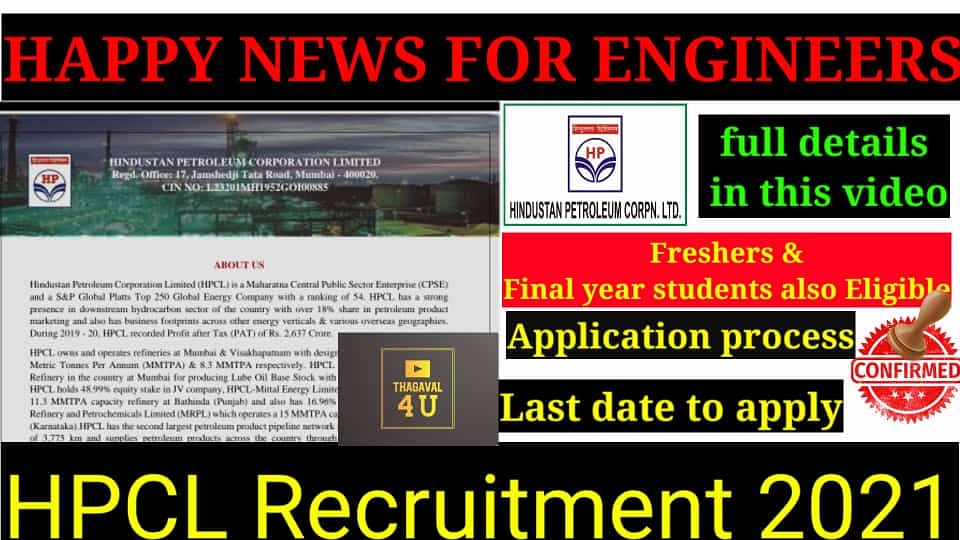 thagaval4you's tweet image. HPCL Recruitment 2021| Freshers &amp;amp; final year students also apply| good salary |job notification
To know click here
youtu.be/Cihc2yaTpag
#hpcl
#HPCL
#HPCLjobs
#latestjobalert
#jobnotification
#jobsupdates
#HPCLrecruitment2021
#hpclrecruitment