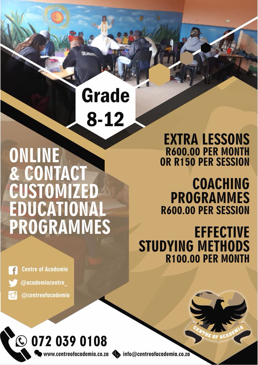 ramehlape's tweet image. We tutor almost all subjects, but learners can only register for up to a maximum of 3 subjects. Contact classes are taught at Pretoria Central & Midrand, online ones cover the whole of South Africa. #DJSBU #extralessons #extraclasses #coaching #CentreofAcademia #SayEntrepreneur