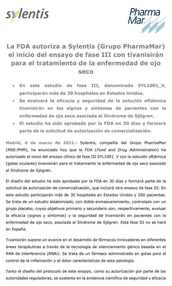 pharma_jonpi's tweet photo. La FDA Autoriza a #Sylentis (Grupo #PharmaMar) el Inicio del Ensayo de Fase III Con TivanisiránPara el Tratamiento de la Enfermedad de Ojo Seco Que Formará Parte de la Solicitud de Autorización de Comercialización, Que Incluirá Otro Ensayo de Fase III . https://t.co/L7Mnj1rGoa