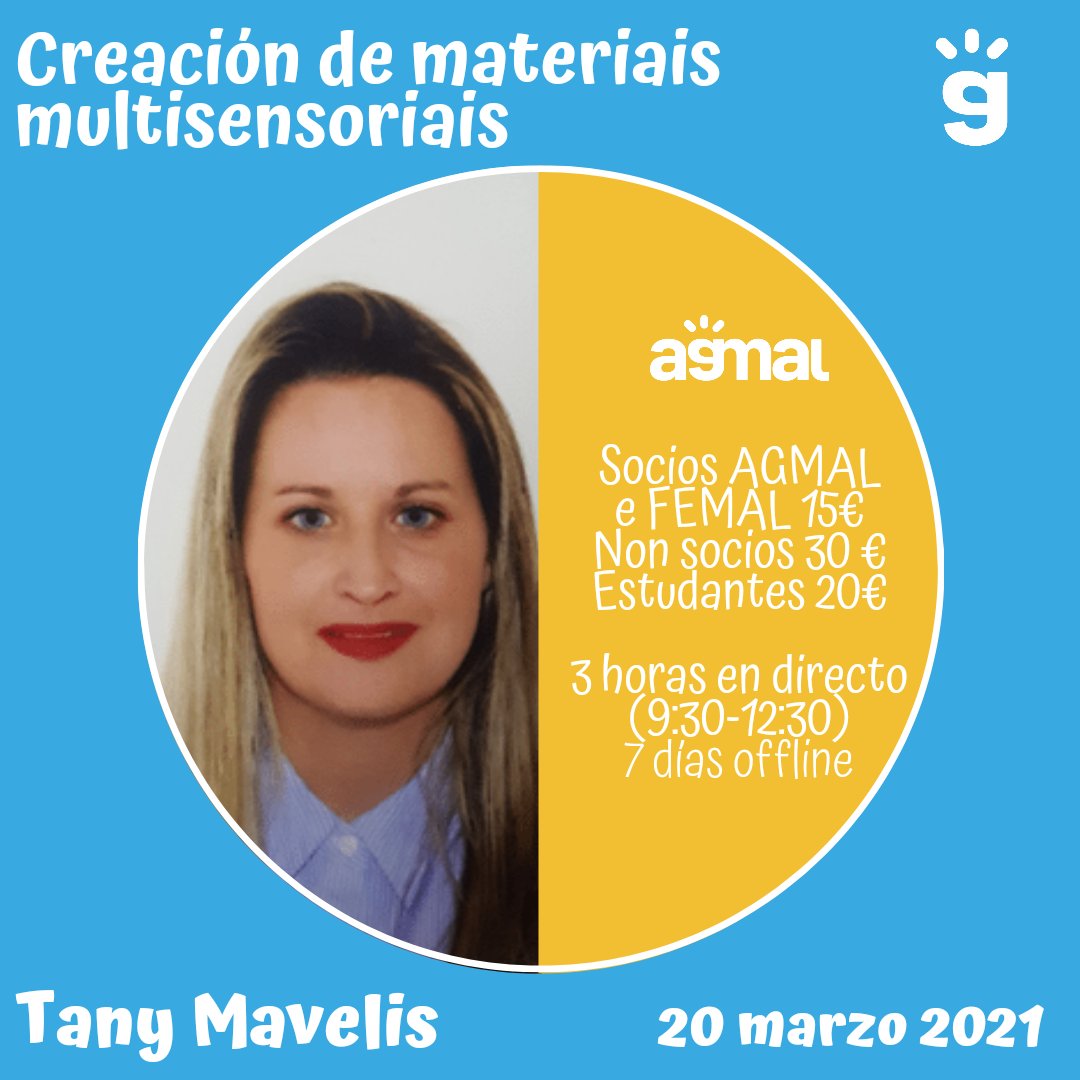 agmal_info's tweet photo. En breve comeza a última semana para inscribirse no webinar de Tany Mavelis para formarse na creación de materiais multisensoriais, o 20 de marzo.
#movimientoal
#agmal
#formacion
#formacionagmal
#formaciononline
#educacióninfantil
#educaciónprimaria
#educaciónespecial https://t.co/d72kkiHeTi