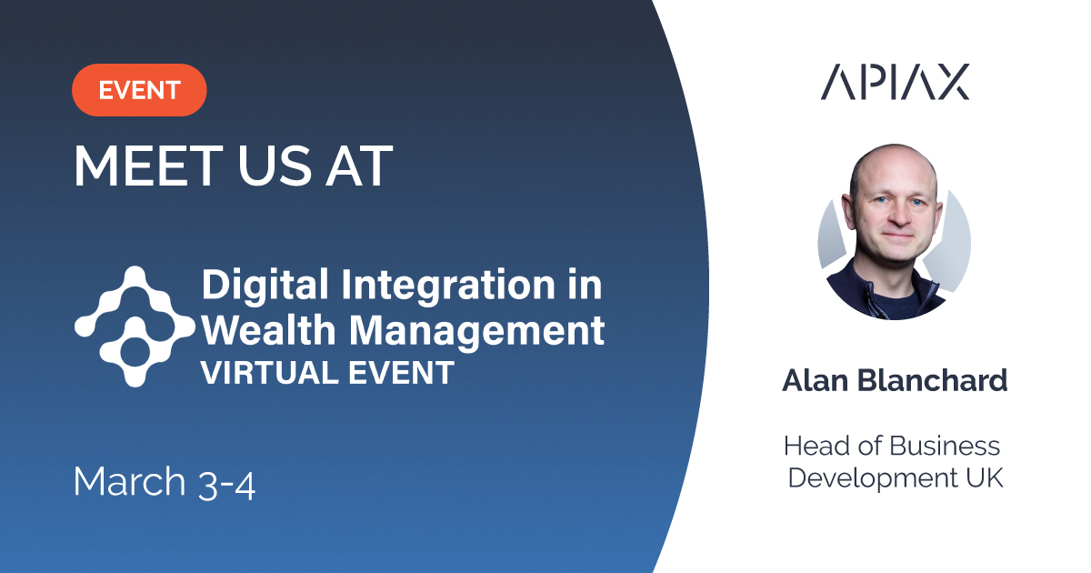 ApiaxCOM's tweet image. Our Alan Blanchard is at ‘Digital Integration in Wealth Management’ discussing how #Apiax helps #wealthmanagers answer complex regulatory questions in just a few clicks.

Not at the event? No problem! Book a call with us to learn more 👉 ow.ly/uugY50DPKuF