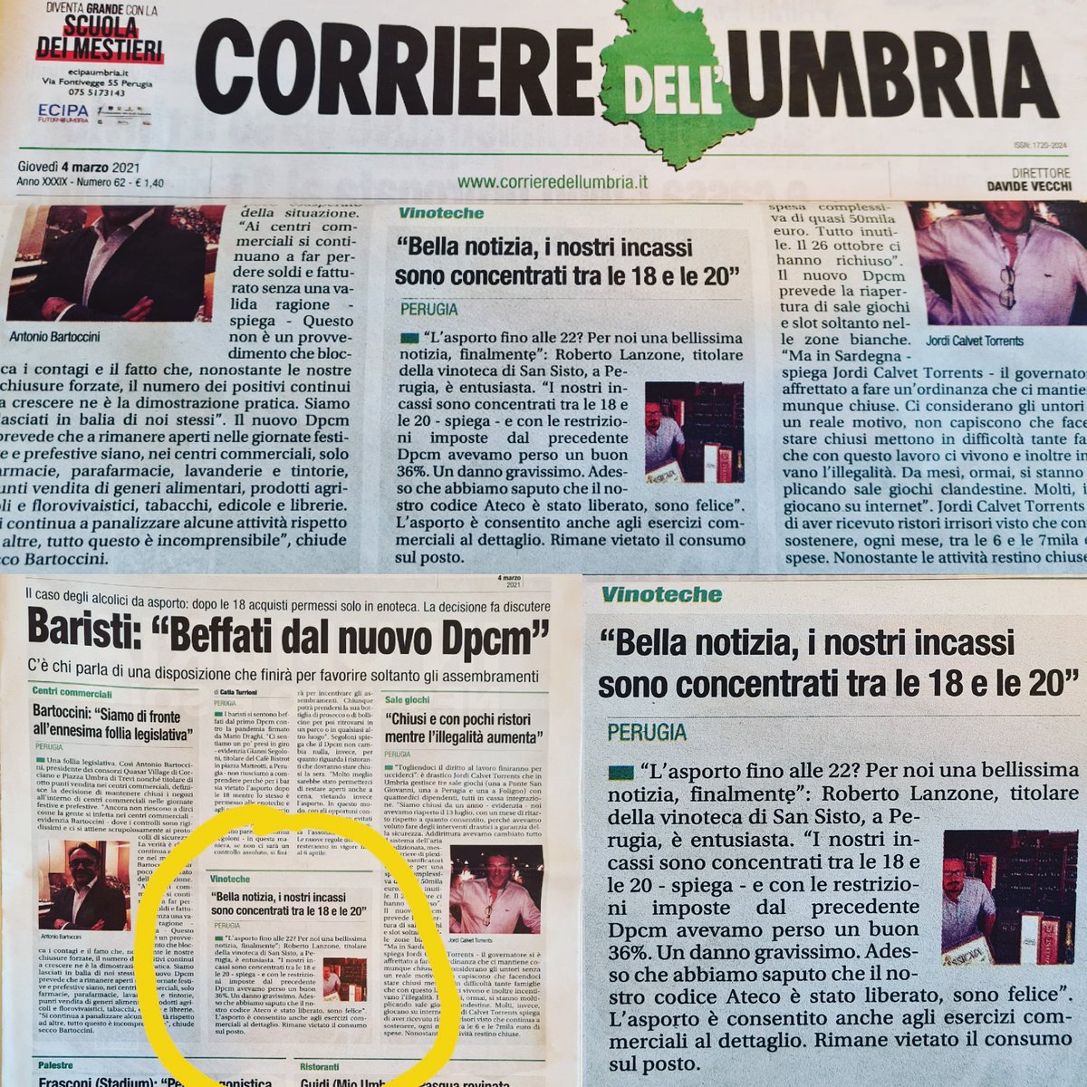 VINOTECAPERUGIA's tweet photo. Finalmente,dal 6 marzo la Vinoteca Perugia e tutte le altre enoteche italiane, potranno tornare a vendere alcolici da asporto anche dopo le ore 18,00.
Ringrazio il @CorriereUmbria per aver dato voce ad una categoria che aveva subito una ulteriore e grave restrizione. https://t.co/yD8b5qtkdY