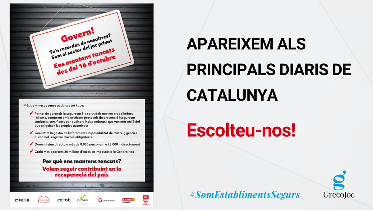 Avui apareixem a <a href="/elperiodico/">El Periódico</a> <a href="/diariARA/">diariARA</a> <a href="/LaVanguardia/">La Vanguardia</a> reivindicant l'obertura del nostre sector. Escolteu-nos! #SomEstablimentsSegurs

Gràcies pel vostre suport! <a href="/FomentTreball/">Foment del Treball Nacional</a> <a href="/PatronalCecot/">Patronal Cecot</a> @pimec <a href="/ConsellGremis/">Consell de Gremis</a> <a href="/ccoocatalunya/">CCOO de Catalunya</a> <a href="/ugtcatalunya/">UGT de Catalunya</a> i Patrojoc.