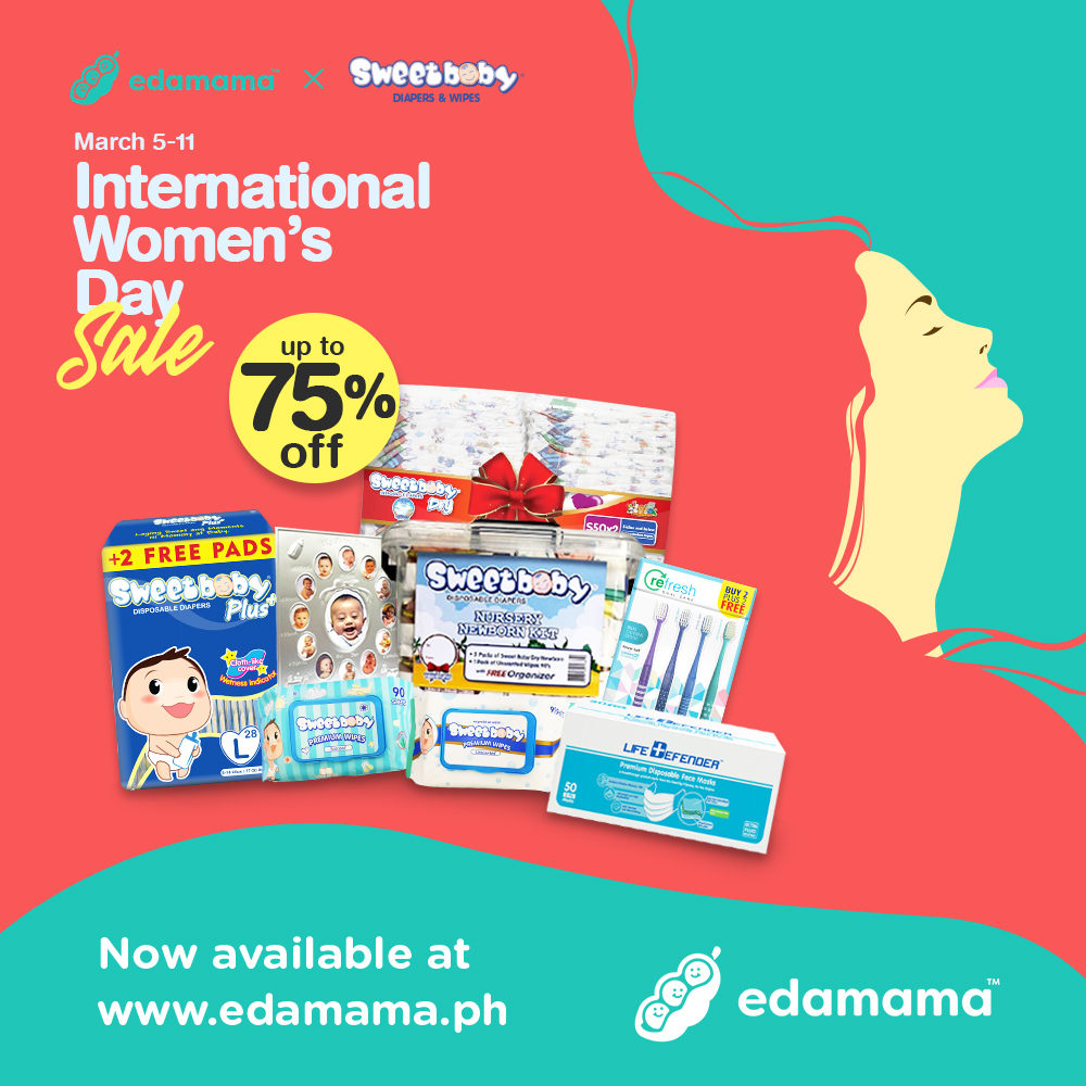 SweetBabyMain's tweet photo. "It's your month, Mama! In celebration of International Women's Day, we want to give our mommies the biggest sale that they can get just here on https://t.co/3xOZqnRFWF 

Buy now for up to 75% OFF from March 5 -11.

#SweetBaby #YouCanCountOn #EdamamaPH #InternationalWomensDay https://t.co/8hQHCZBFJb