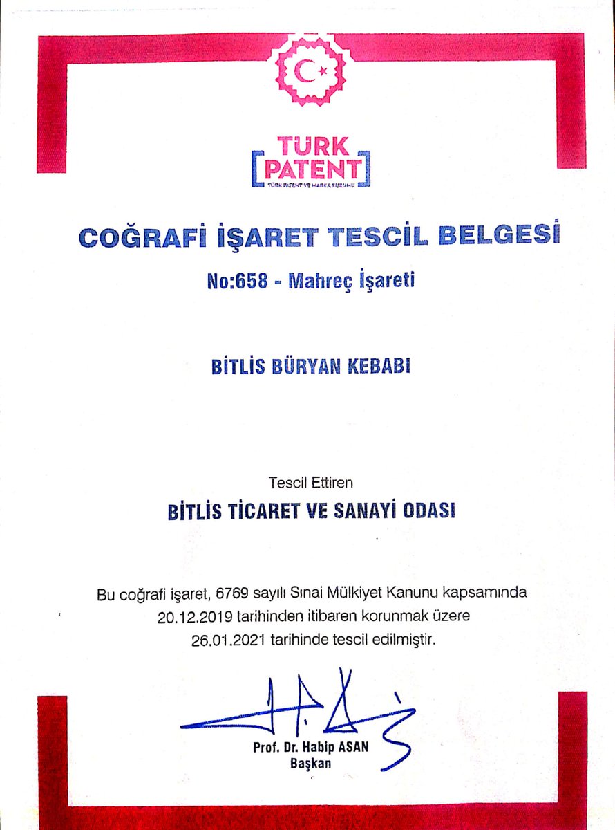 Bitlis Büryan Kebabı Coğrafi İşaret Tescil Belgesini Bitlis Ticaret ve Sanayi Odası adına Tescil edilmiştir.