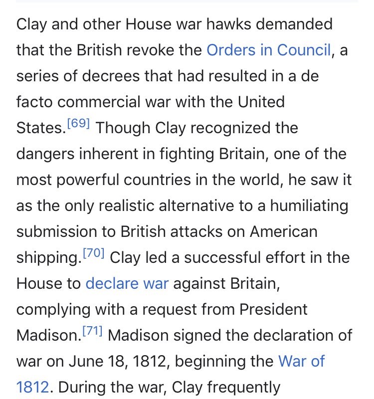 18/ Henry Clay was Speaker of the House & Sec of StateIn Congress, he was a major War Hawk, & led the call for a Declaration of War (which as shown above, the Brits were definitely seeking)Then he was involved in the treaty processOdd... Wait, rebuild his family fortune