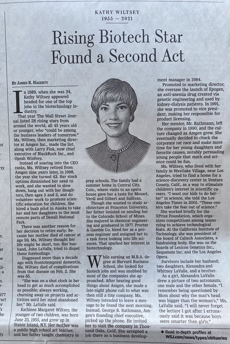SaaSyAthena's tweet photo. KATHY WILTSEY 

An inspiring obituary about a woman and #biotech exec who dedicated her life to #lifesciences, her community and family. Not an easy persuit. https://t.co/NVT9l3Px9L
