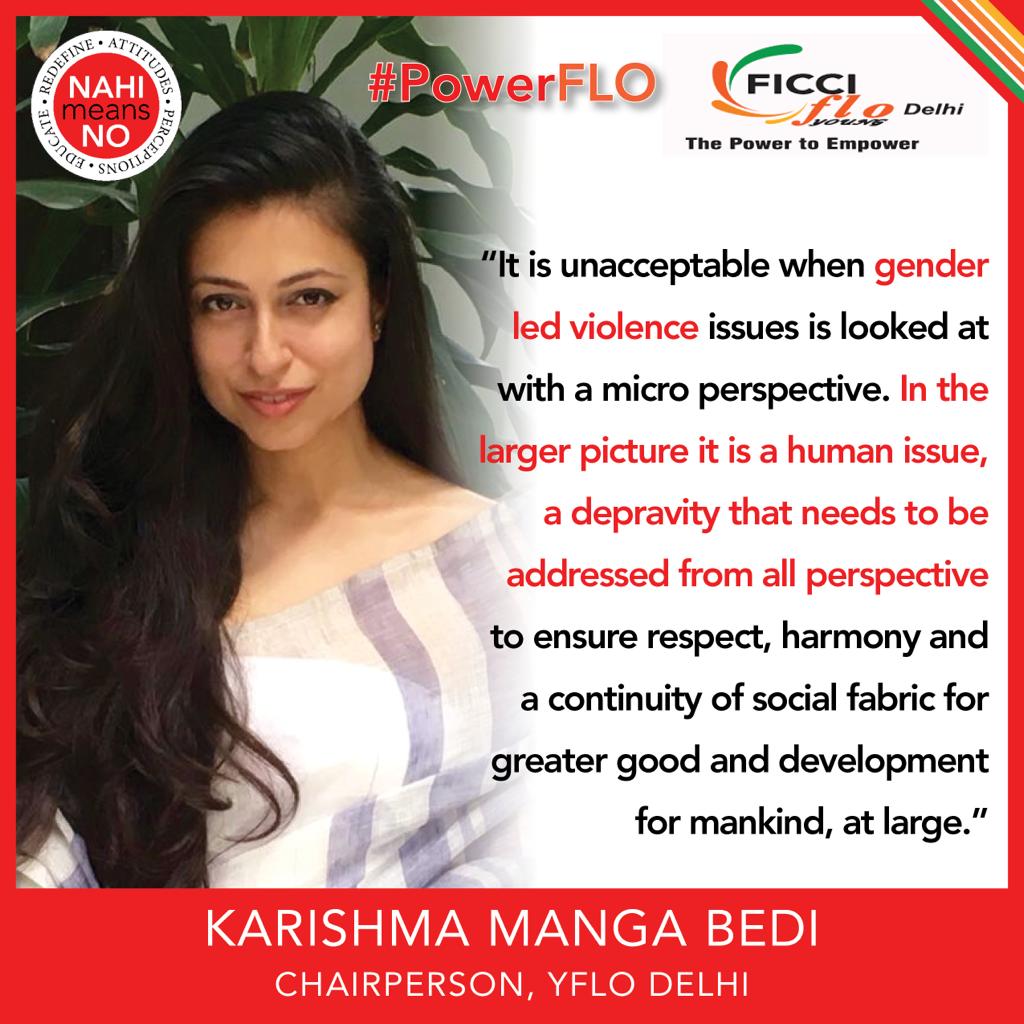 FICCIFLO's tweet photo. "Gender based violence is a human issue, let’s not look at it in micro perspective!"

Karishma Manga Bedi, Chairperson @YFLO_Delhi, raising her voice in unison against Gender-Based Violence, with @nahimeansno. #PowerFLO #OneFLO #NahiMeansNo #GenderEquality #FicciFLO #SpeakUp https://t.co/kpafUSWOGI