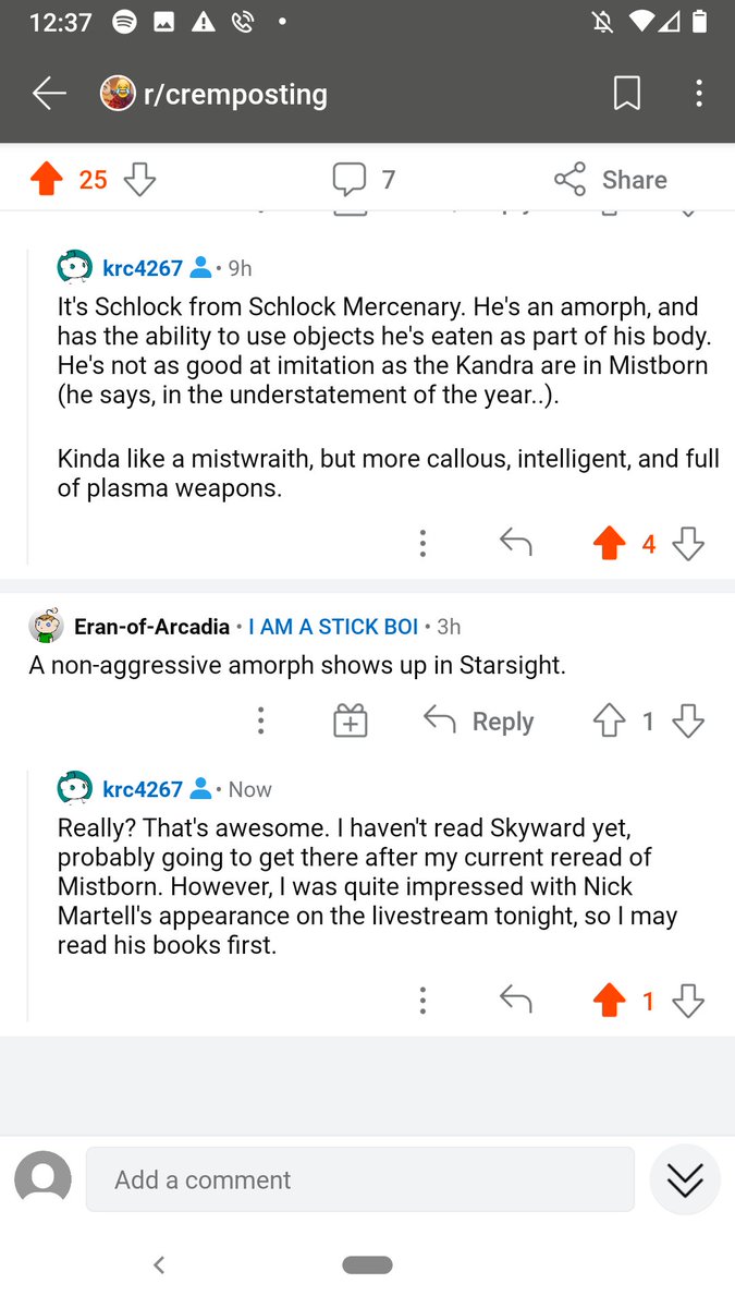 KRC4267's tweet photo. @MacMartell @BrandSanderson Haven't even read your books yet, and I'm already promoting you on r/cremposting. Definitely going to check your stuff out. https://t.co/TSaOmNUDo3