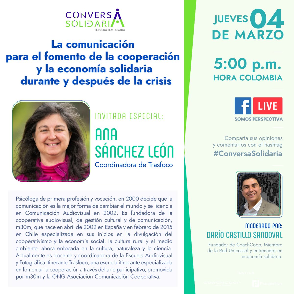 dario7castillo's tweet photo. Hoy tenemos la alegría de tener como invitada en la #ConversaSolidaria a Ana Sánchez. Amiga, comunicadora social, directora de cine, psicóloga, mujer esforzada y valiente, oriunda de la bella Málaga (España) hoy radicada en Chile. 

Economía solidaria, por aquí es el camino. https://t.co/j9P6LmiSPZ