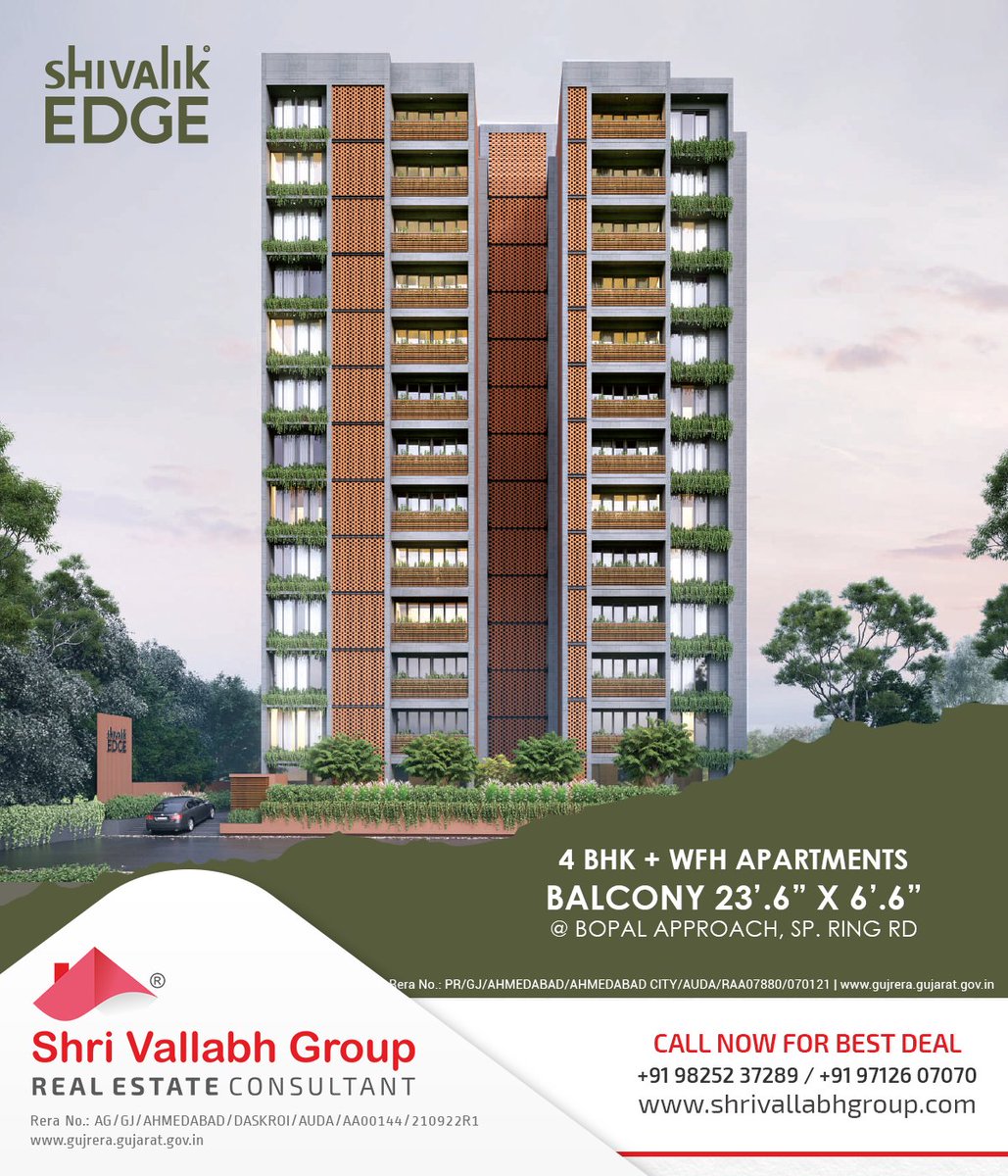 Home you have always been looking!

Shivalik Edge 4 BHK + WFH APARTMENTS
Location: Ambli | Sqft:4287

Offers Personal foyer, elevator, servant room & 2 balconies

Call: 9825237289
#ShriVallabhGroup #RealEstateInAhmedabad #Bopal #Ambli #ShivalikEdge #Penthouses #SpaciousApartments