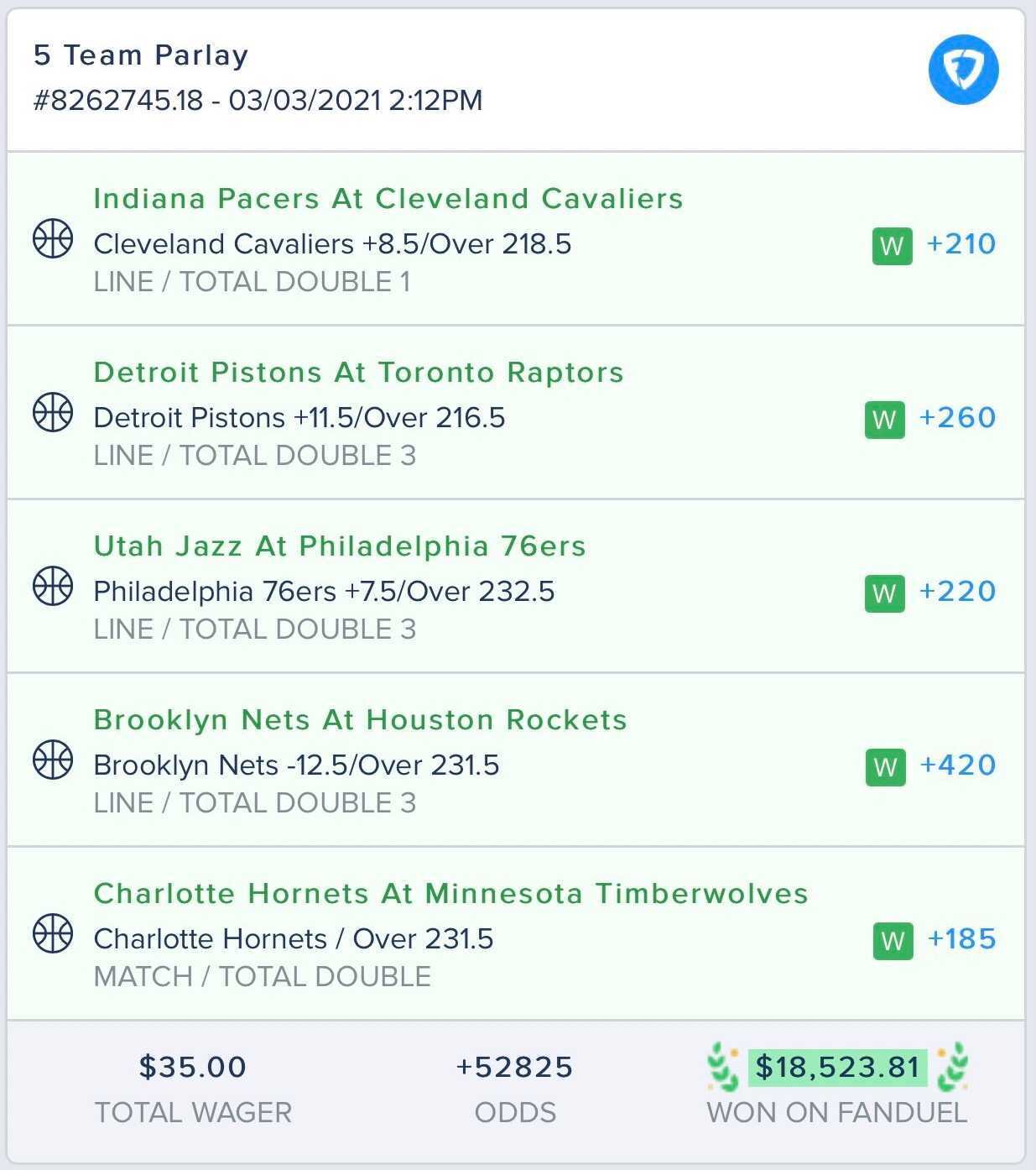 Big parlay hit on a 5$ bet !!!!! : r/fanduel