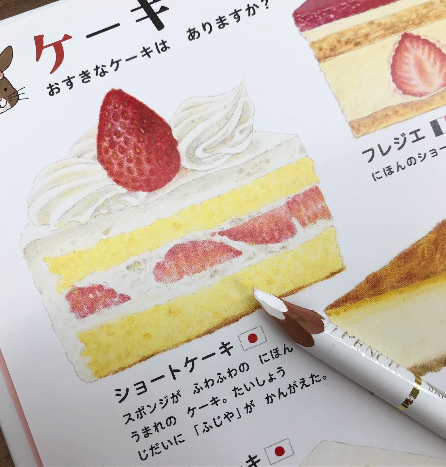 大森裕子 ショートケーキとミルクレープの描き方のコツ編 ケーキをカットした時 上層の生クリーム が下層の苺やクレープ生地に付いてしまうことがありますよね それを再現する為 断面を描きあげた後 色鉛筆の中でも油分が高い ソフトホワイト で