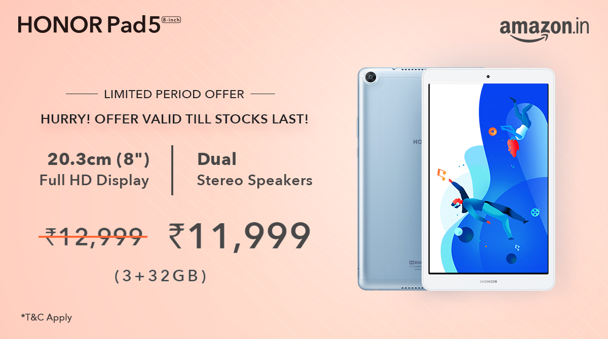 Here's a new price deal that'll be music to your ears! The #HONORPad5 that comes with dual stereo speakers & Dolby Atmos surround sound can be yours at just Rs.11,999/- Shop now on @amazonIN - amzn.to/30ddtu2