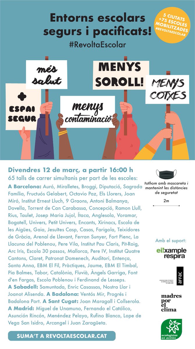 eixrespira's tweet photo. 🤗La #Revoltaescolar està revolucionada! El proper 12 de març serà la bomba 💪!

5️⃣ ciutats: Badalona, Barcelona, Sabadell, Sant Cugat i... MADRID 😉

6️⃣ 5️⃣ Talls simultanis, 8️⃣ a Madrid

😊SUMEU-VOS-HI! ENCARA HI SOU A TEMPS!

https://t.co/6XNSZk1Cru
https://t.co/xc4NRa3xHf. https://t.co/VNRq1TNkgu