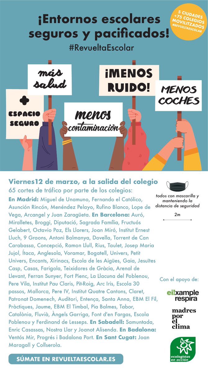 eixrespira's tweet photo. 🤗La #Revoltaescolar està revolucionada! El proper 12 de març serà la bomba 💪!

5️⃣ ciutats: Badalona, Barcelona, Sabadell, Sant Cugat i... MADRID 😉

6️⃣ 5️⃣ Talls simultanis, 8️⃣ a Madrid

😊SUMEU-VOS-HI! ENCARA HI SOU A TEMPS!

https://t.co/6XNSZk1Cru
https://t.co/xc4NRa3xHf. https://t.co/VNRq1TNkgu