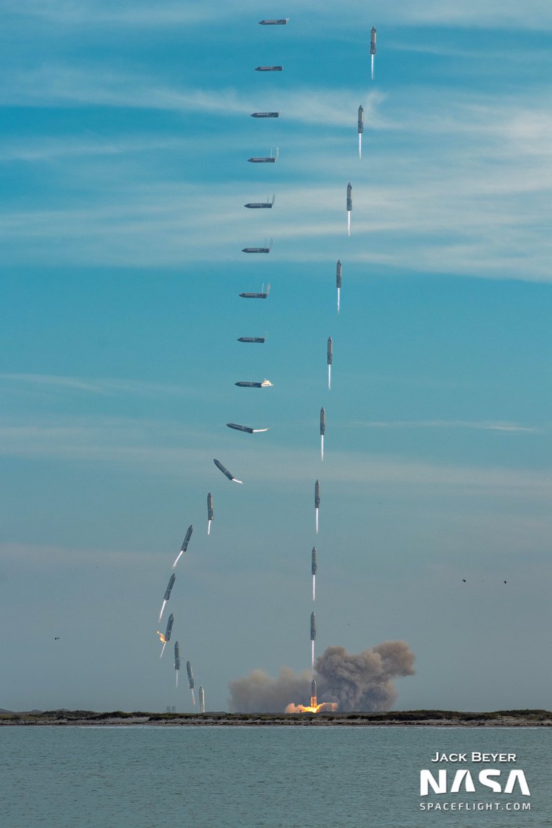 This is a composite image of SN10's launch and landing. I set this camera to shoot one frame a second, threw out any overlapping shots and stacked them all so we can see the trajectory better. <a href="/NASASpaceflight/">NSF - NASASpaceflight.com</a> 

Become a Patron for downloads and more &gt; patreon.com/join/jackbeyer