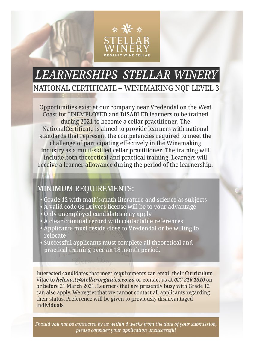 Vacancy available at Stellar Winery. 
 
Interested candidates that meet the requirements can email their Curriculum Vitae to
helena.t@stellarorganics.co.za or contact us at 027 216 1310 on or before 21 March 2021. #StellarWinery #vacancy #cellarpractitionerwanted