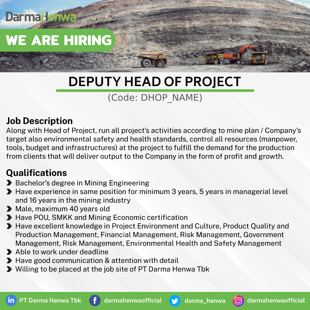 darma_henwa's tweet photo. We are hiring Deputy Head of Project!

Please send your CV to : recruitment@ptdh.co.id / Fransisca.Margaretha@ptdh.co.id with the proposed position as subject, before March 25, 2021.

#jobvacancyindonesia #lowonganmining #lowongantambang #loker https://t.co/8EJXqQRuHd