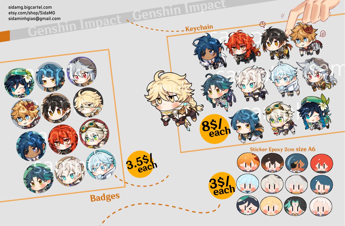 ⭐️I'm open Pre-order for Genshin Keychains and Standee (closed on March 18th)

⭐️Only Childe, Zhongli, Kaeya, Diluc keychains, sticker and badge set are available now

You can preorder on https://t.co/LxkiQy2VJG (or Etsy for available items only)

Retweet is appreciated 😭😭😭 