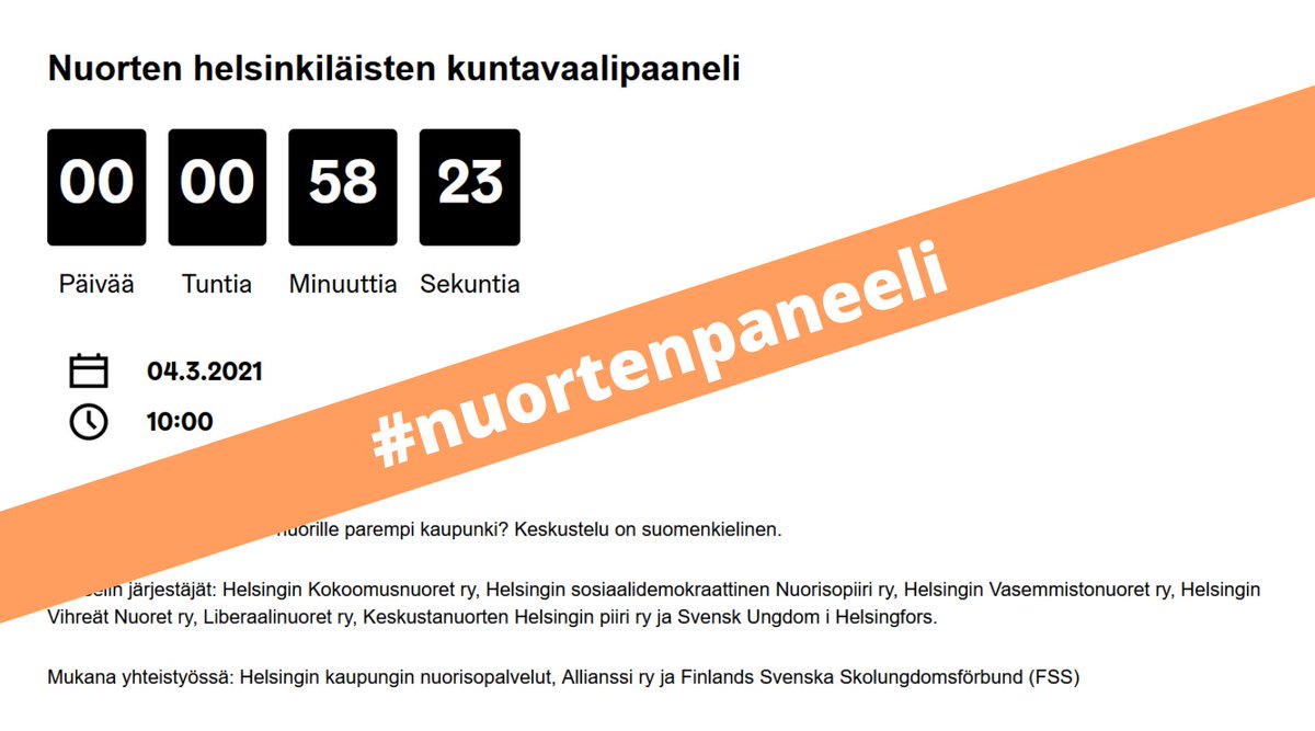 TiinaAhva's tweet photo. Tänään klo 10 alkaen järkätään Helsingin kuntavaalipaneeli, jossa osa nuorisojärjestöistä on paikalla kutsuttuina, mutta Sin, KD, PS ja LN on jätetty ulos. Me osallistumme paneeliin täällä Twitterissä - katsotaan, kummalla puolella on parempi meno! Kaikki mukaan! #nuortenpaneeli https://t.co/3RH4RgLf3W