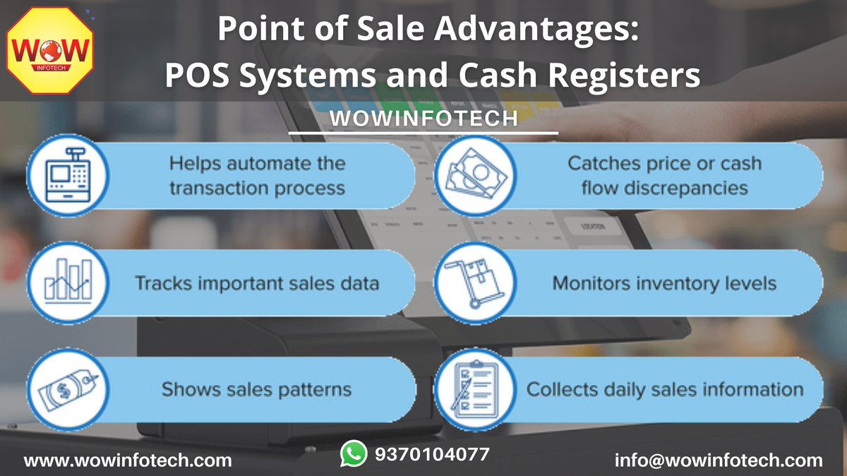 wowinfotech's tweet photo. https://t.co/gQ7YFNPHcr
Point of Sale Advantages POS Systems and Cash Registers
Your business actually utilizes an Electronic Cash Register (ECR) and a credit card terminal, eventually, you've likely considered moving up to a total Point of Sale (POS) framework. 
#wowinfotech https://t.co/OlswBQJneh