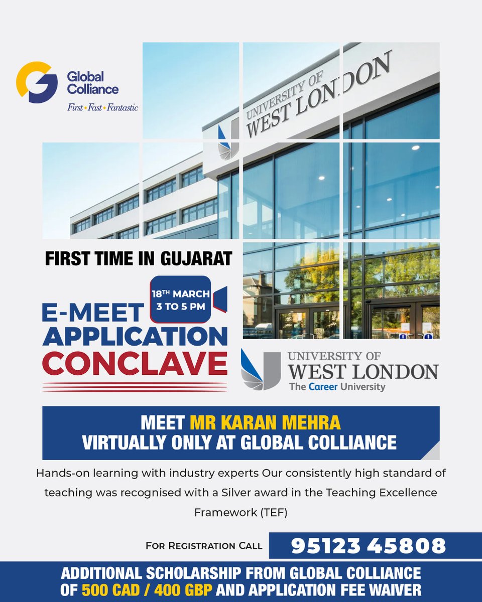 globalcolliance's tweet photo. Global Colliance Presents
E-MEET APPLICATION CONCLAVE (UK &amp; CANADA)
First Time in Gujarat

University of West London, UK
Meet Mr. Karan Mehra from University of West London Virtually only at Global Colliance Office
Ahmedabad | Vadodara | Surat

Date : 18th March
Time : 3 to 5 PM https://t.co/UbjsQ0xePh