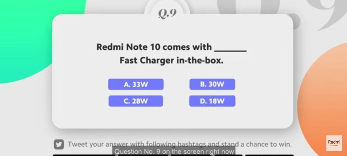 Intakhabhassan's tweet image. #RedmiNote10Launch
 India&apos;s #1SmartphoneBrand now

#RedmiNote: India&apos;s most-love smartphone series! 😍

I ❤️ #RedmiNote10ProMax #RedmiNote10Pro #RedmiNote10 #10on10 #ILoveRedmiNote
Question:-9
ANSWER:-A 33W
@RedmiIndia @manukumarjain @Intakhabhassan