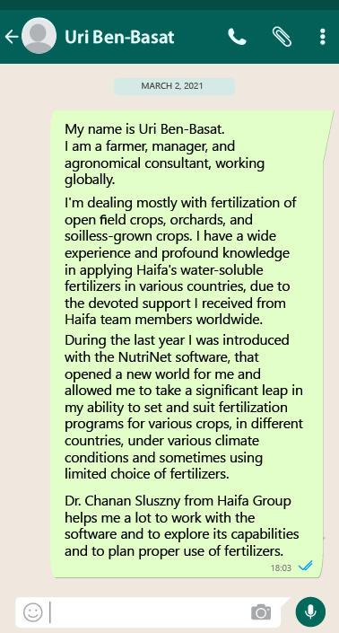 HaifaGroup's tweet photo. Thank you Uri for sharing with us your successful experience from our services. It always makes us happy to receive letters like that.
Want to learn more about Haifa's #plantnutrition #software - #NutriNet? Click here: https://t.co/snKzsCQTZe https://t.co/2iLJEWw2nk