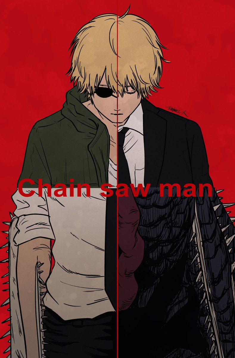 denji (chainsaw man) blonde hair black necktie chainsaw necktie red background shirt 1boy  illustration images