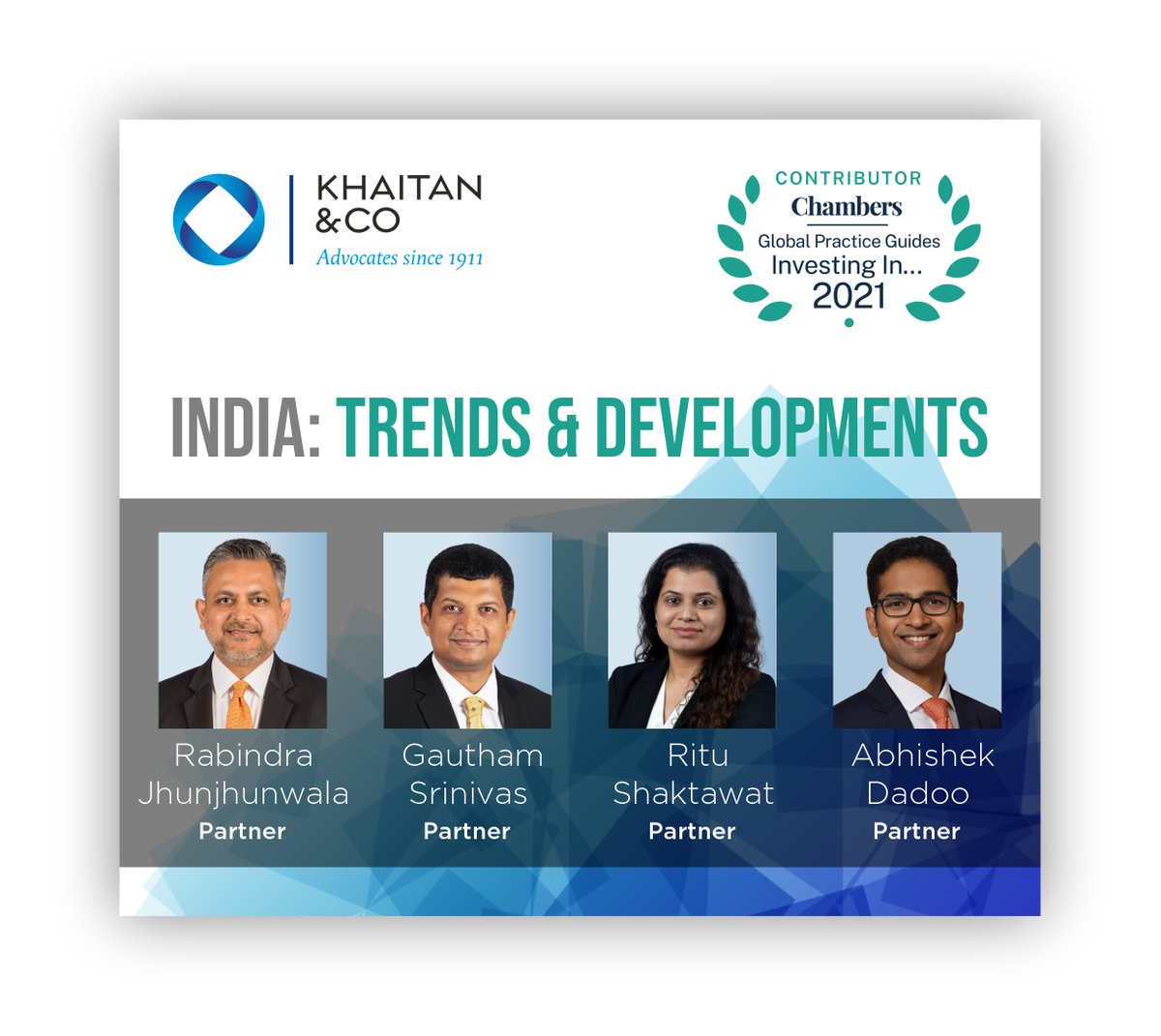 KhaitanCo's tweet photo. Our Partners in the latest edition of the @ChambersGuides Global Practice Guide highlight the trends & developments that make India an attractive foreign investment destination. Read the full article here - https://t.co/TUGo8awOLG
#KCOInsights #KhaitanCo #ChambersGlobalGuide https://t.co/ub7oT8ZeT9
