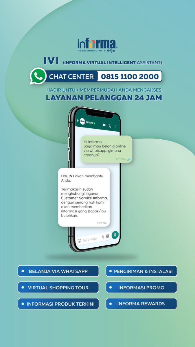 Hai Sobat Informa!

Pertanyaan seputar produk, Anda bisa menghubungi I V I (Informa Virtual Intelligent) kami di:

bit.ly/ChatCenterInfo…