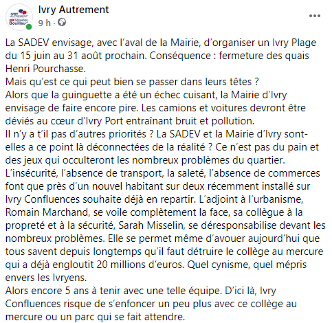 IvryAutrement's tweet photo. 📣 #IvrysurSeine veut imiter sa voisine en créant un @Paris plage quai H. Pourchasse avec @Sadev94. Ce qui créera #bouchons, #pollution et bruit. A #IvryPort 1 nouvel habitant sur 2 souhaite déjà partir. Oubliez #commerces, #propreté, #sécurité, #parc etc... https://t.co/rjX0WkZxDo