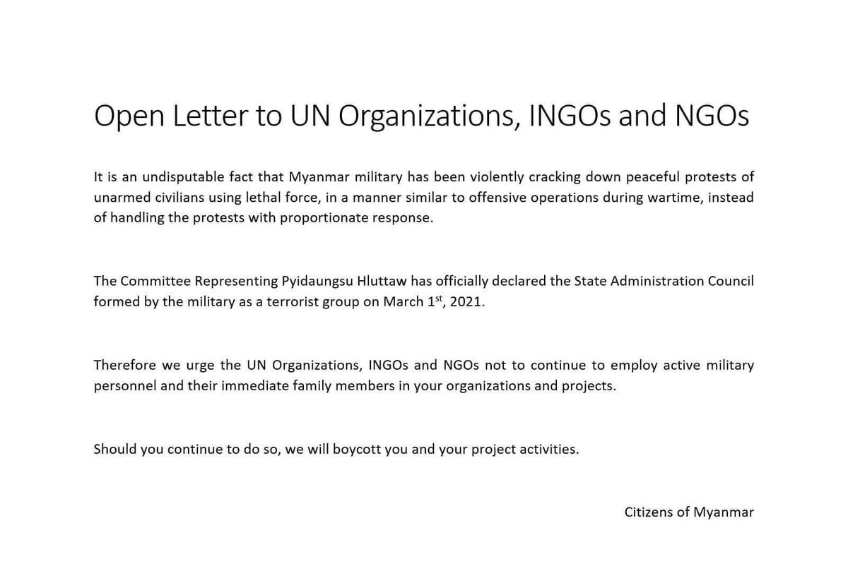 Open letter to UN Organisations, NGOs and NGOs – from Citizens of Myanmar 

"Therefore we urge the UN Orgs, INGOs and NGOs not to continue to employ active military personnel and their immediate family members in your orgs and projects."

#WhatsHappeningInMyanmar #Burma #Myanmar