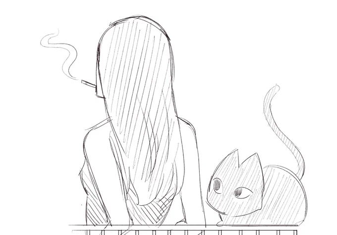 doodle of a lady doing a rooftop smoke i guess? 