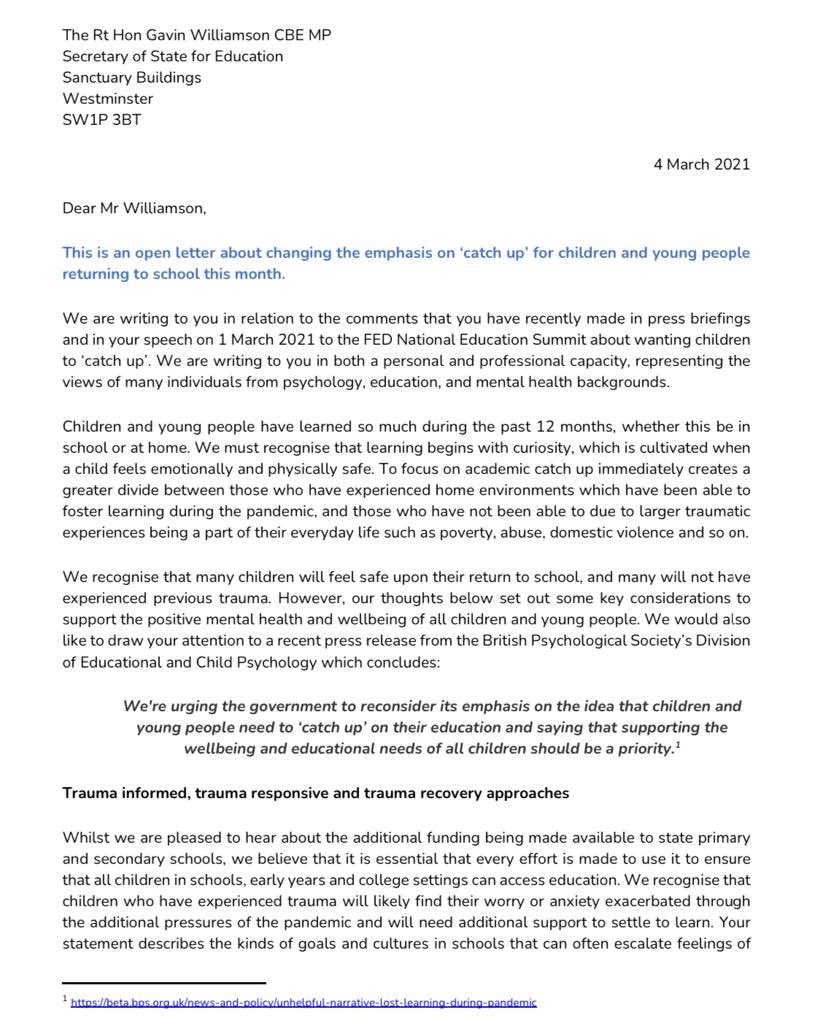 DrAmberElliott's tweet photo. We’re asking @gavinwilliamson to change his emphasis on ‘catch up’. Please RT and share with your local MP #catchup #education #schools #covid19 #trauma #send @willpsyc @betsydet @dramberelliott https://t.co/l0Qa9ZrU3O