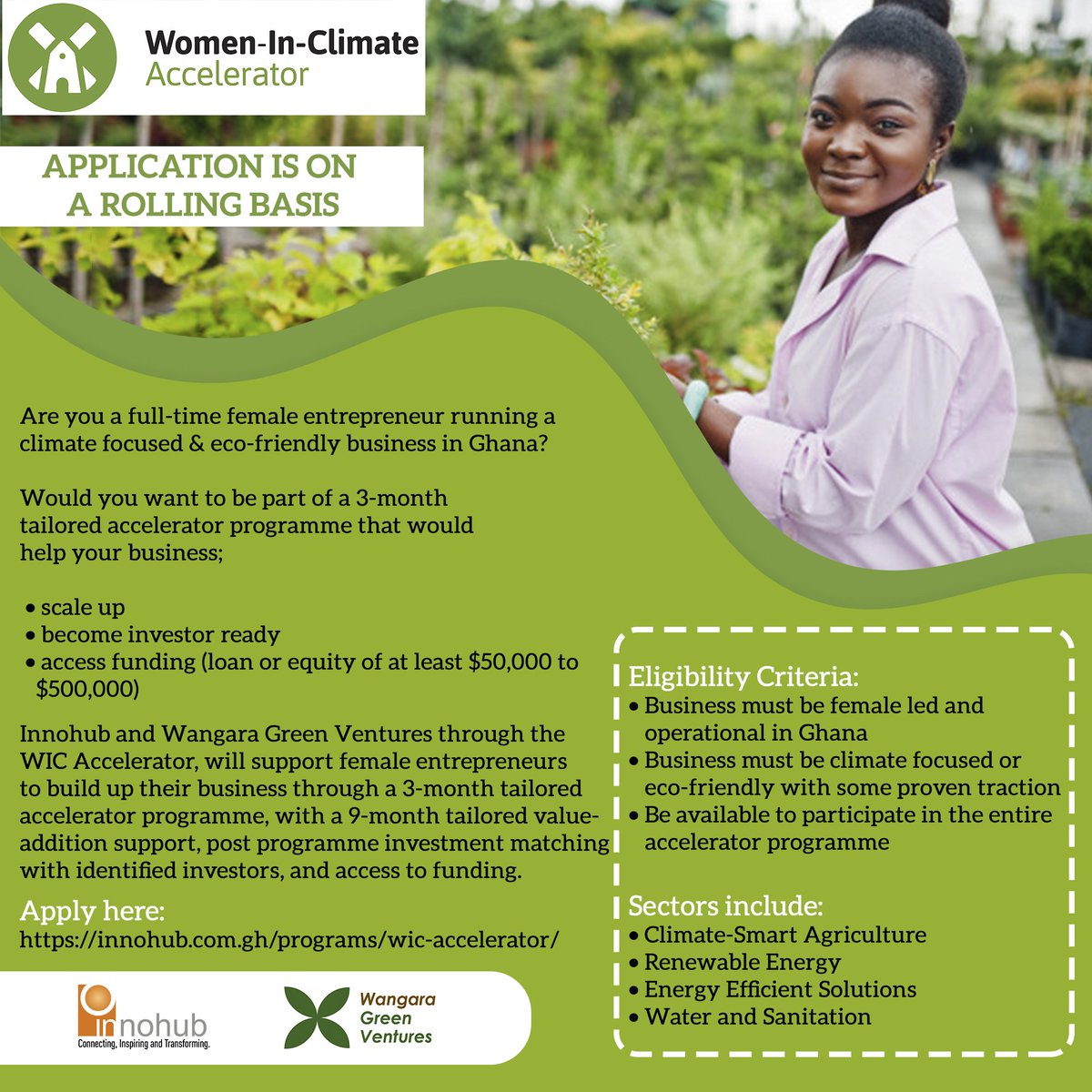 Women-In-Climate Business Accelerator; #scaleUp, be #InvestorReady, access #funding (loan or equity of at least $50,000 to $500,000)

Apply here: lnkd.in/e68Mr8E

#BusinessAcceleration
#FemaleLed
#WomanOwned
#Funding
#GreenEconomy
#EcoFriendly
#GreenBusiness
#ClimateSmart