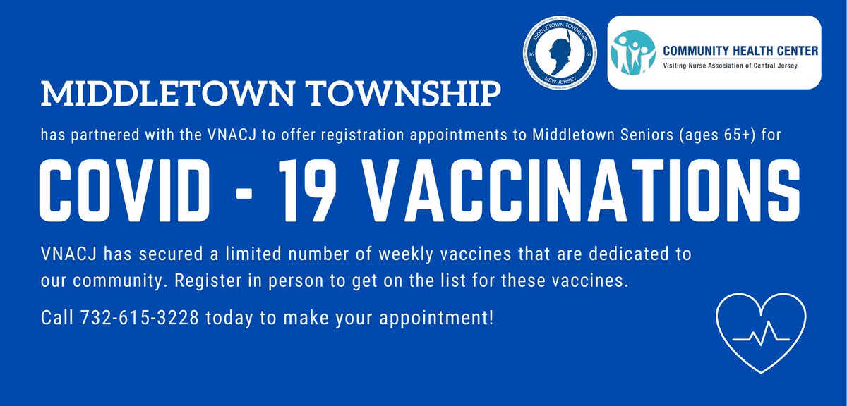 Today, <a href="/MiddletownNJ/">Middletown, NJ</a> is very excited to announce our new partnership with the <a href="/VNACJCHC/">VNACJ CHC</a> to provide a dedicated number of COVID19 vaccines to our seniors. To schedule your registration, please call 732-615-3228 today! Thank you to <a href="/declanoscanlon/">Declan O'Scanlon</a> for helping secure these vaccines!