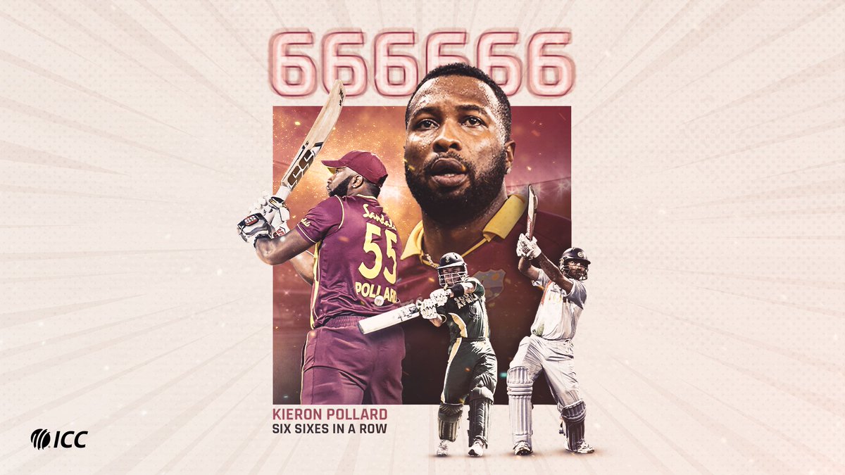 ICC's tweet photo. Into the record books! 📖

@KieronPollard55 joins Herschelle Gibbs and Yuvraj Singh as the third batter to hit six straight sixes off one over in international cricket. https://t.co/7YKIfXhBWX