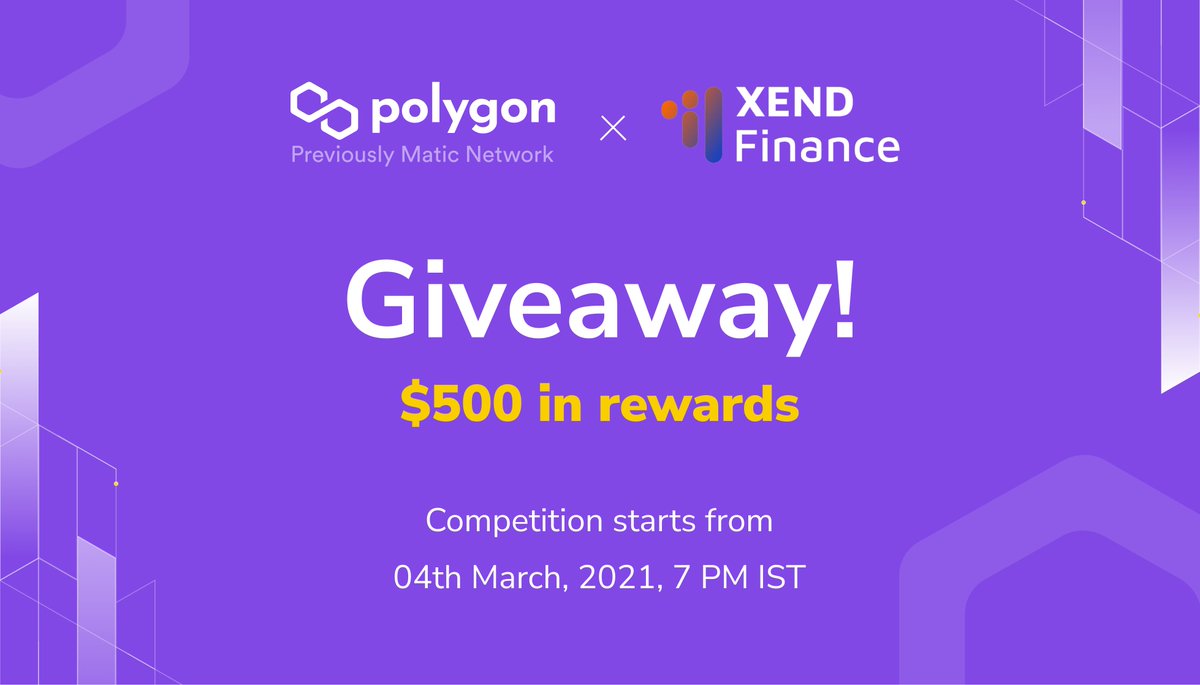 Polygon ※ (@0xpolygon) on Twitter photo 🥳 Celebrating our collaboration with <a href="/xendfinance/">Xend Finance 🌍 ($RWA)</a>, 20 lucky winners to win rewards worth $500 in $MATIC!
Starting 🗓 4th March 2021 | 🕗 7 PM IST
🤝 Follow <a href="/0xPolygon/">Polygon</a> & <a href="/xendfinance/">Xend Finance 🌍 ($RWA)</a>
🔁 Retweet post with tag #XendxPolygon
🔗 Fill in this form: forms.gle/H43tFH1XtSn7w4… 🥳 Celebrating our collaboration with <a href="/xendfinance/">Xend Finance 🌍 ($RWA)</a>, 20 lucky winners to win rewards worth $500 in $MATIC!
Starting 🗓 4th March 2021 | 🕗 7 PM IST
🤝 Follow <a href="/0xPolygon/">Polygon</a> & <a href="/xendfinance/">Xend Finance 🌍 ($RWA)</a>
🔁 Retweet post with tag #XendxPolygon
🔗 Fill in this form: forms.gle/H43tFH1XtSn7w4…