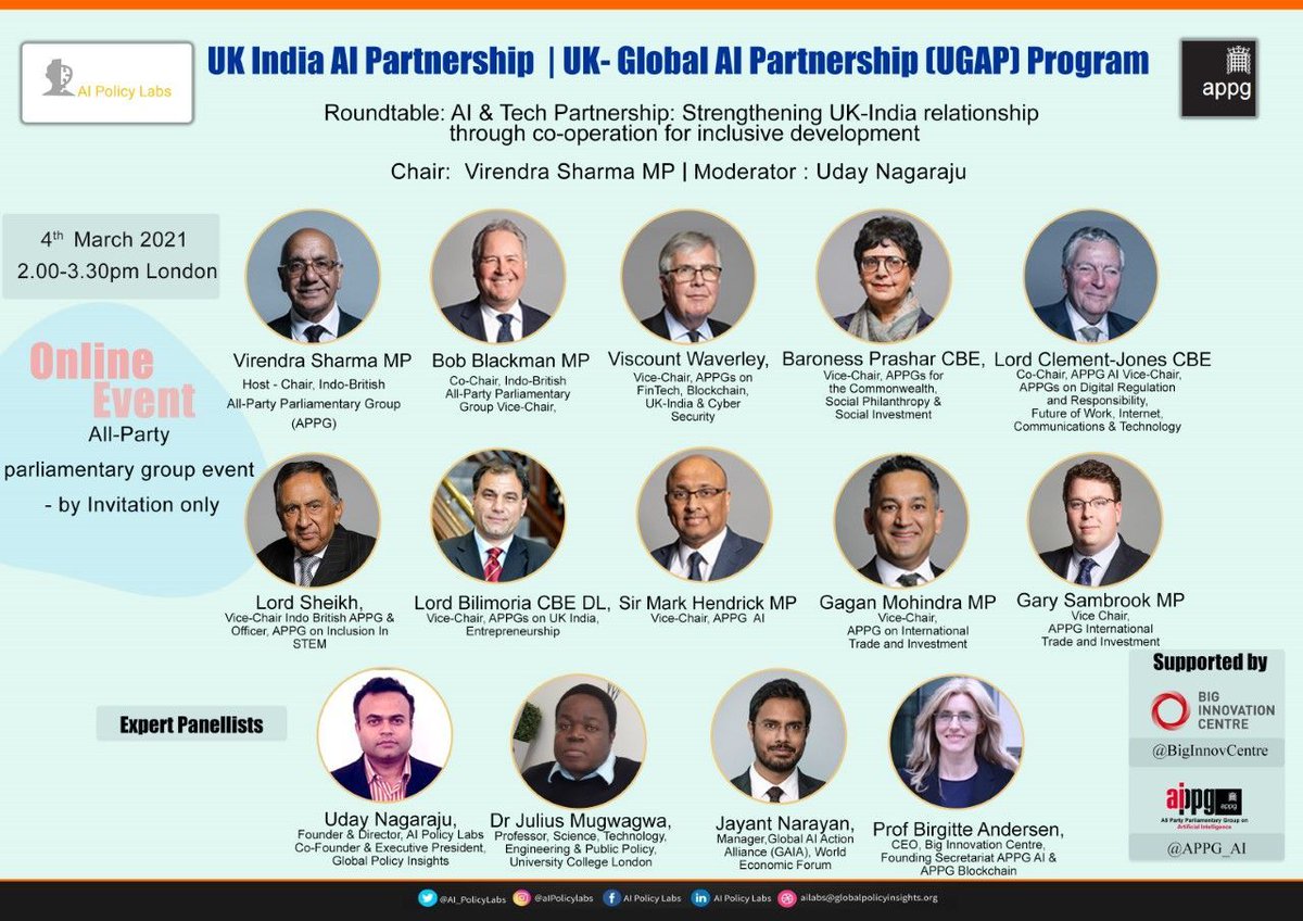 Looking forward to Chairing the Indo-British All-Party Parliamentary Group session and roundtable with <a href="/AI_PolicyLabs/">AI Policy Labs</a>  <a href="/uday_nagaraju/">Uday Nagaraju</a> as a part of UK-India AI Partnership program

<a href="/BobBlackman/">Bob Blackman</a> <a href="/LordWaverley/">Lord Waverley</a> <a href="/APPGITI/">APPG Trade & Investment</a> <a href="/ucl/">UCL</a> <a href="/UCLSTEaPP/">UCL STEaPP</a> <a href="/APPGFinTech/">APPGFinTech</a> <a href="/BigInnovCentre/">Big Innovation Centre</a> <a href="/bic_india/">BIC India</a> <a href="/APPG_AI/">APPG AI</a>