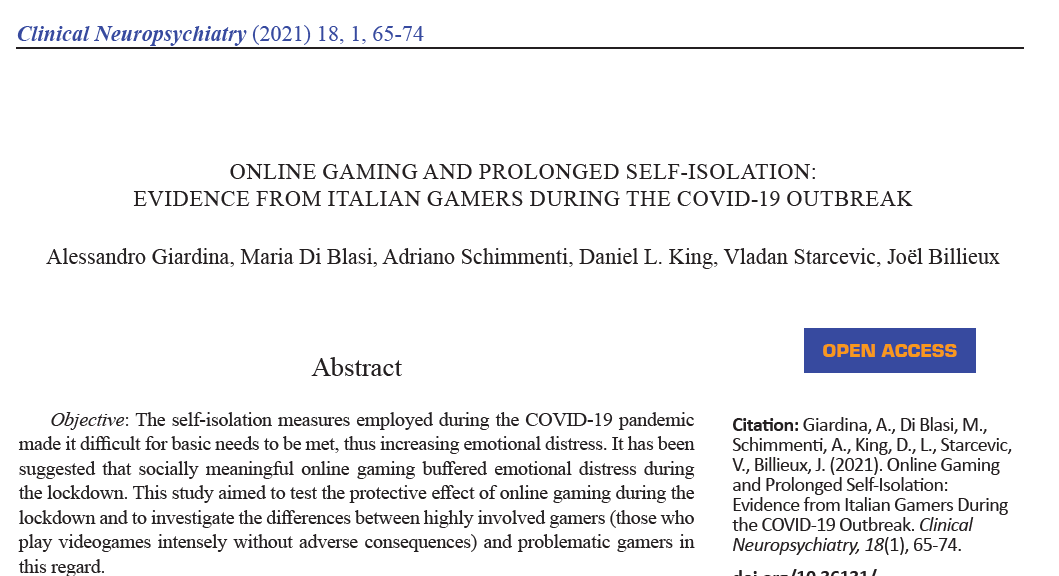 Data collected among Italian gamers during 1st lockdown suggest that some gaming patterns might constitute protective factors against psychological distress

<a href="/unil/">Université de Lausanne</a> <a href="/A_Schimmenti/">Adriano Schimmenti</a> <a href="/MarieBlasi/">marie di blasi</a> <a href="/CarlaUnil/">CARLA UNIL</a> <a href="/uni_lu/">uni.lu</a> 

serval.unil.ch/fr/notice/serv…