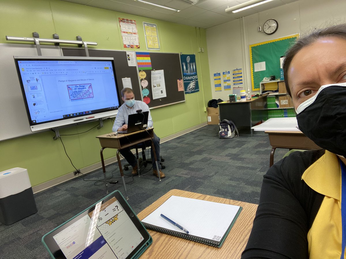 Testing out our concurrent instruction set-up before the students arrive! In-person learners can chat with their distance learning peers on Teams and see/hear the meeting on the Smartboard. #ForwardTogetherAPS #TJMSRocks <a href="/JeffersonIBMYP/">Jefferson IBMYP</a> <a href="/APSVirginia/">Arlington Public Schools</a>