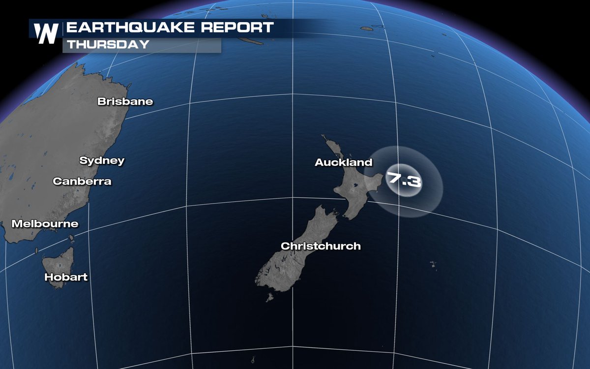 WeatherNation's tweet photo. Breaking: A preliminary magnitude 7.3 #earthquake struck a short time ago off the east coast of New Zealand's North Island. New Zealand's National Emergency Management Agency (@NEMA_web) is currently monitoring the threat for a potential #tsunami. #NewZealand https://t.co/pmOhp6dWts